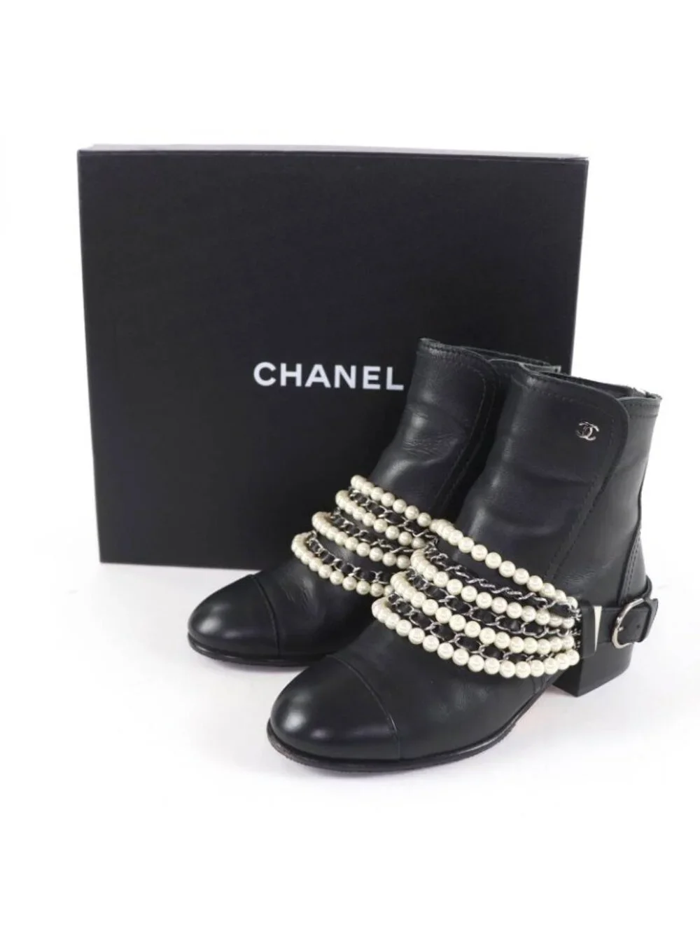 Chanel CC Logo Faux Pearl Chain Leather Short Boots Black 36 - Picture 2 of 13